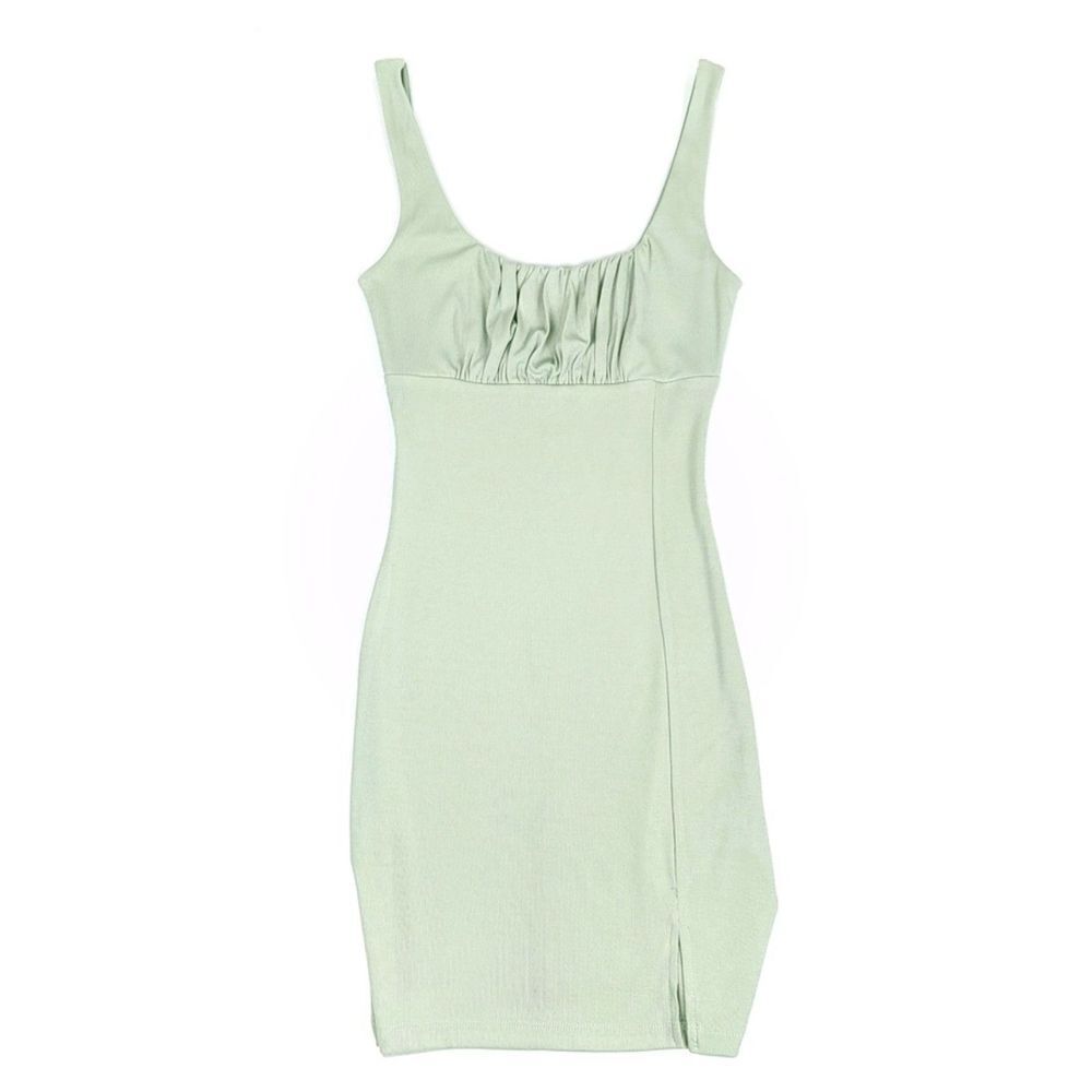 PRINCESS POLLY Cayden Ruched Thigh Slit 90s Mini Dress in Sage Green Coquette 4